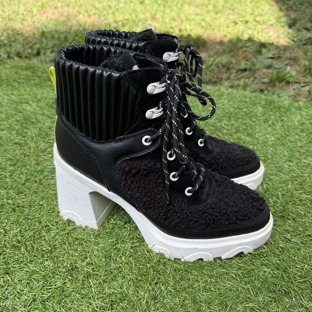 Sorel Brex Ankle Boots Womens Size 9 Lace Up Black‎ Leather Fleece White Heel